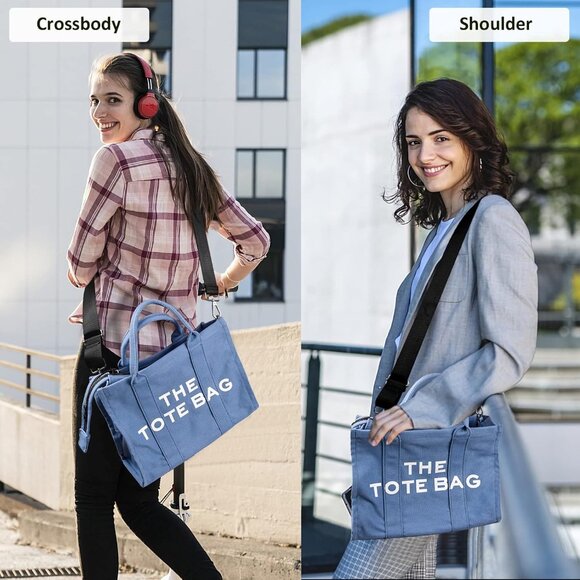 Women Blue Personalized Canvas with Zipper Top-Handle Crossbody Tote Handbag - Picture 3 of 7